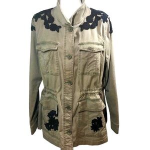 Sz 26/28 Lane Bryant Army Green Jacket w/ Black Crochet Floral Lace Detail